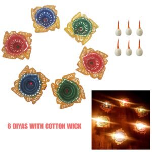 Set of 6 EARTHEN Clay Satiya Diya with Cotton Batti