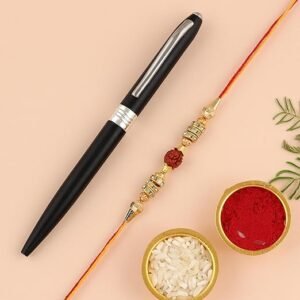 Rakhi Gift Combo comprise of 1 Pen Set 1 Rakhi 1 potli & roli chawal