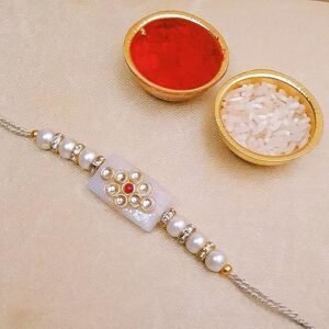 Handcrafted kundan Rakhi Combo with Greeting Card & roli chawal